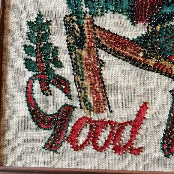 VTG Rooster Liquid Embroidery Woven Linen Pen Art w/Beaded Embellishment - Picture 5 of 12